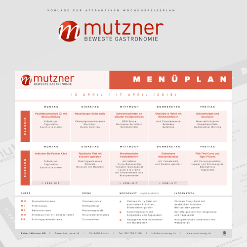 Excel and PDF design for a menu plan