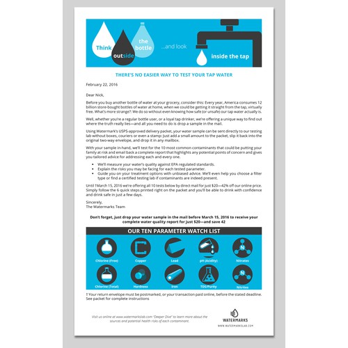 Improve graphics for direct mail letter for tap water testing.