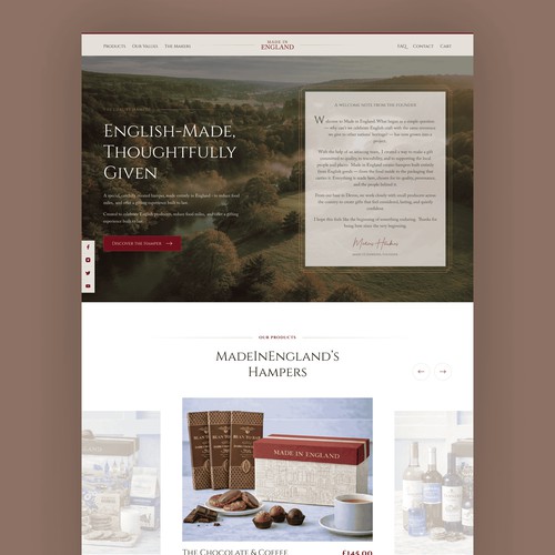 Webpage design for an english brand selling premium hampers