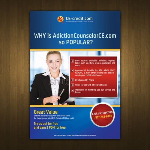 Create a unique one page and half page advertisement for CE-credit.com.