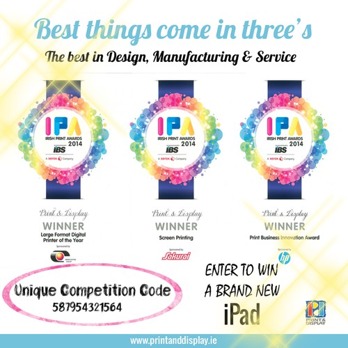 Design a DM flyer to promote Print & Display Ltd as the 3 times Irish Print Awards winner