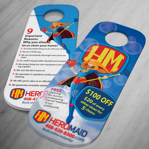 Create promotional door hangers for a housecleaning business that helps women with cancer.