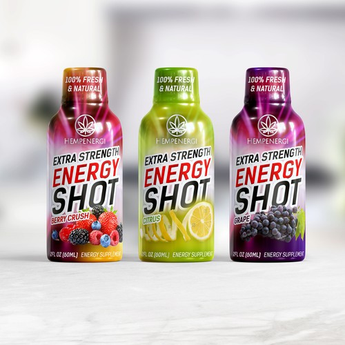 Wrapped label design for energy shot drink