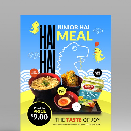 Create a fun attractive kids promo design for Hai Hai Ramen