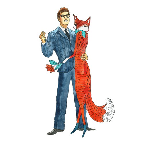 A hand-drawn illustration of Buddy Holly & a fox