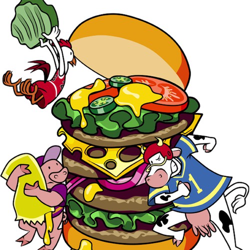 Cartoon Illustration - Farm Animals Building a Hamburger