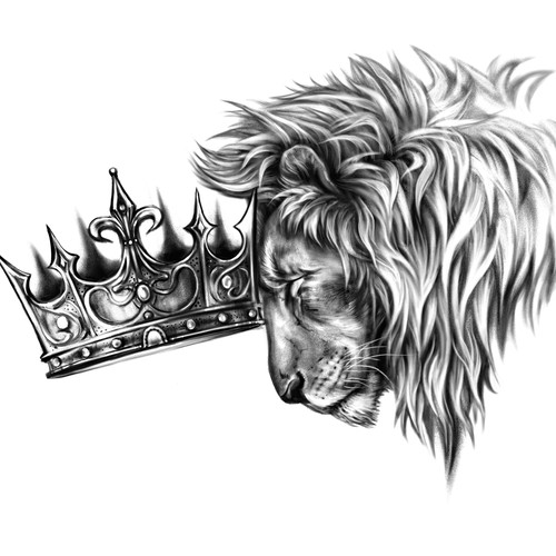 Lion nuzzling crown. Large tattoo