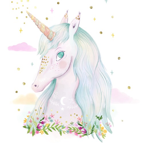 Unicorn illustration in watercolour style with gold detail