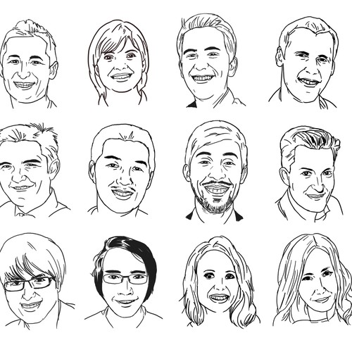 Create 12 digital portrait style line-drawings of Bit Zesty staff members