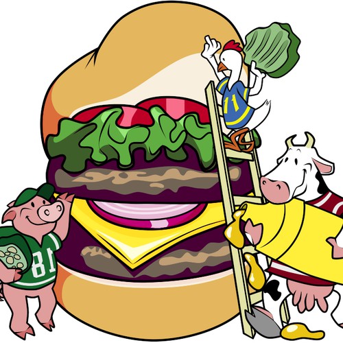 Cartoon Illustration - Farm Animals Building a Hamburger