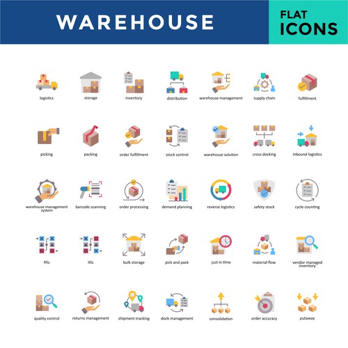 Warehouse Icon Set Design - Flat Color Style
