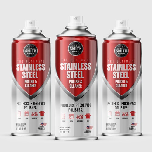 Aerosol can label for a stainless steel polish and cleaner