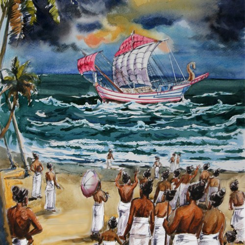 Title: An ancient ship arriving at the South Indian shore