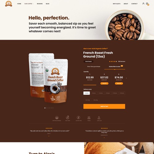 website for Alex's Low Acid Coffee