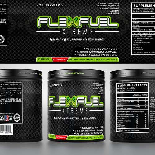 Create a new generation Product label for a pre-workout powder mix drink