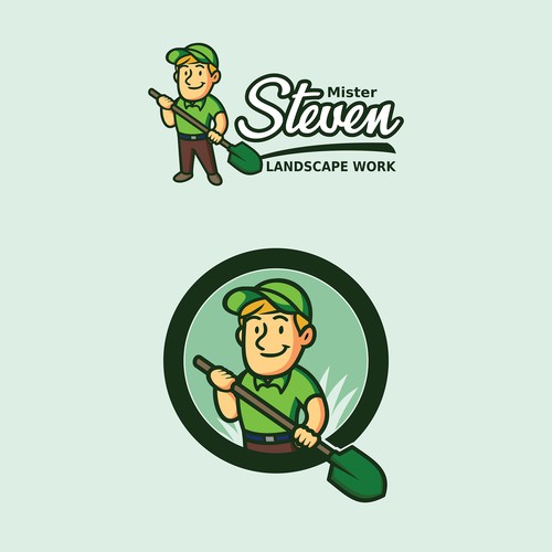 cartoon 60's mascot logo of man holding shovel