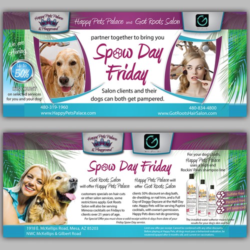 Promo flyer Happy Pets Palace and Got Roots Salon