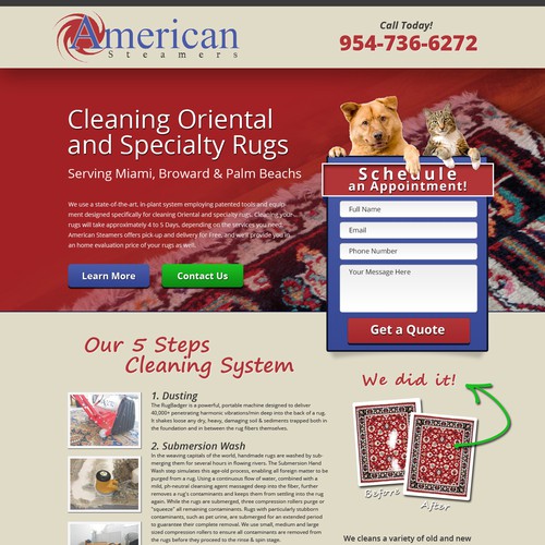 Create simple and creative landing page for Rug Cleaning Company