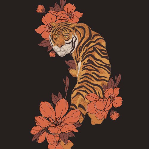 tiger and blossom Japanese traditional illustration style