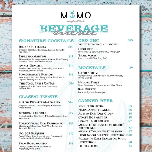 Menu for restaurant