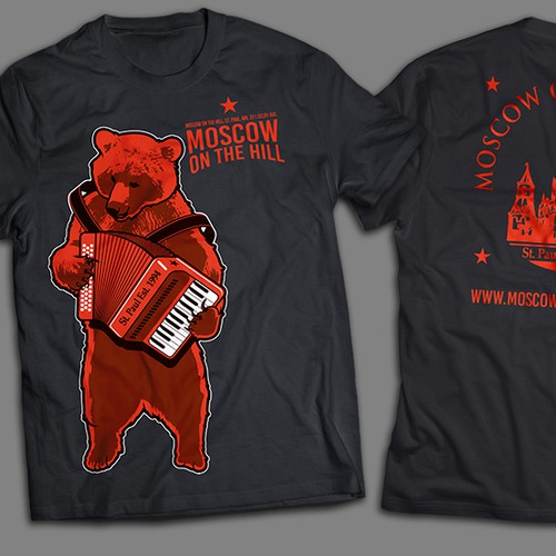 Design a shirt with a modern spin on Russian propaganda for an upscale restaurant & vodka lounge.