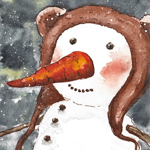 Snowman in bear hat - greeting card