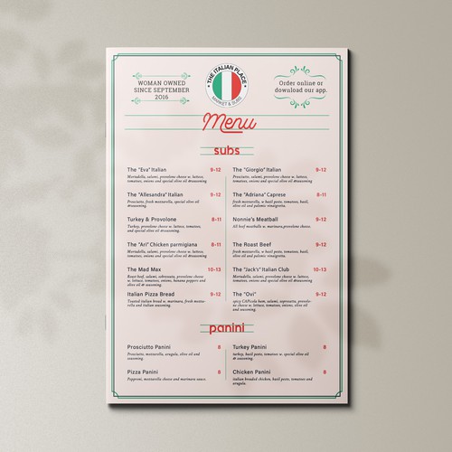 Italian food menu