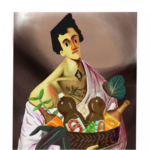 Boy with the basket of fruit.