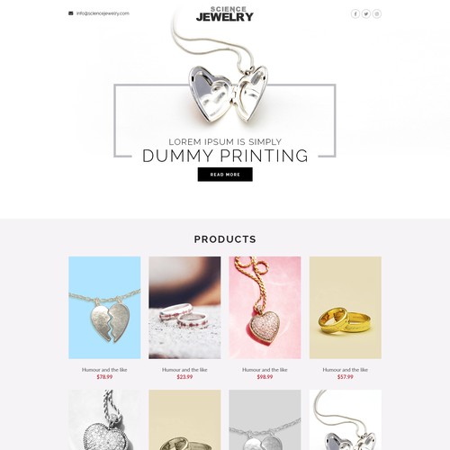 Create an aspirational landing page for a science jewelry e-commerce startup.
