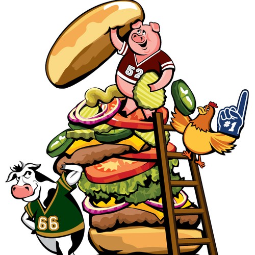 Cartoon Illustration - Farm Animals Building a Hamburger