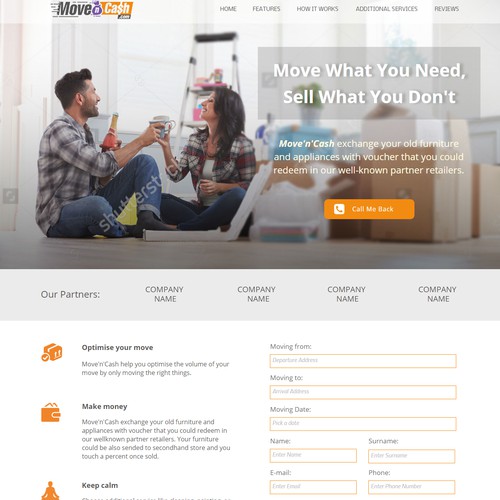 Web design of landing page for moving company