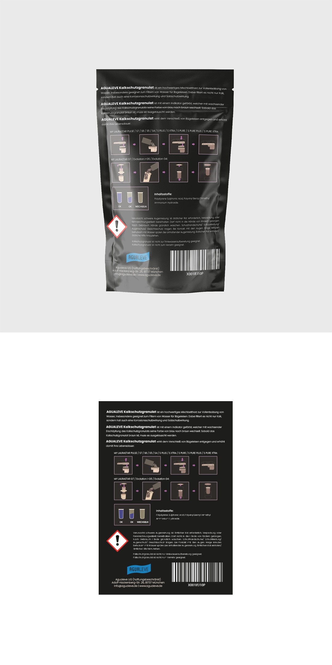 Create a product label for a granulate used for water filters in high-end irons