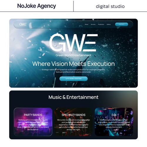 GreenWorldEntertainment (GWE) — Event Production Squarespace Website Redesign | NoJoke Agency
