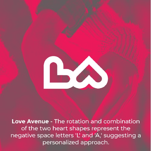The two hearts logo concept represents negative space letters "LA"