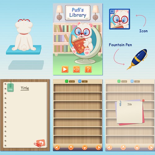 Create a design for Pufi, the bear that loves to read books