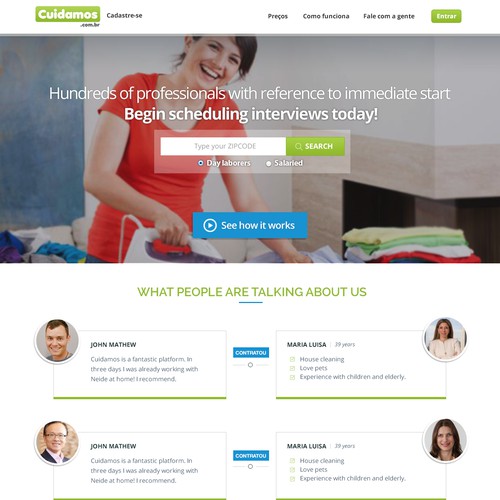 Landing page design for Cuidamos a marketplace geared to domestic professionals