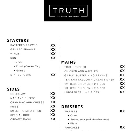 Menu design - Truth Restaurant