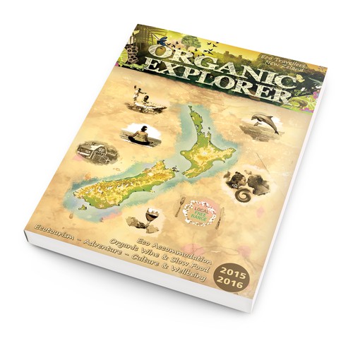 Create a magazine cover for Organic Explorer New Zealand Eco-Traveler Journal that's going to fly.