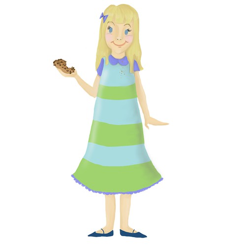 Create a cute, simple and stylish illustration of a girl holding a chocolate chip cookie.