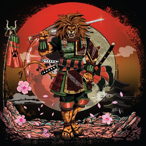 Manga style samurai lion illustration