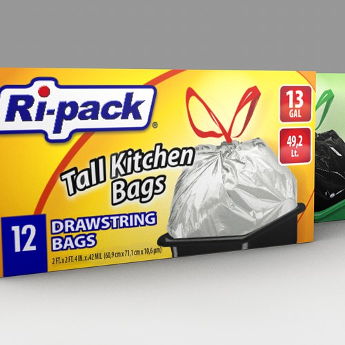 Packaging design for drawstring trash bags