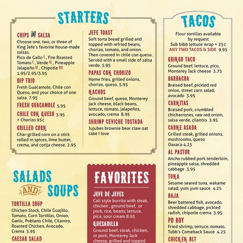 Fun, creative menu for urban tex-mex restaurantt