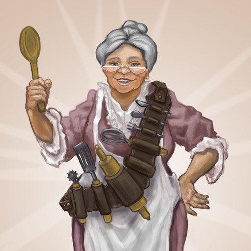Create  an illustration of a grandma for a chutney label 
