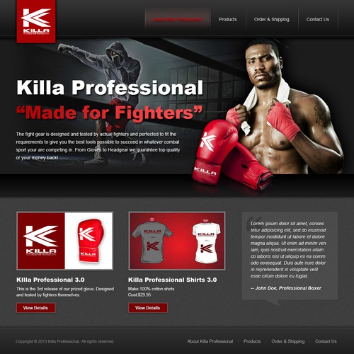 website design for KIlla Professional Boxing Gloves "Made for Fighters"