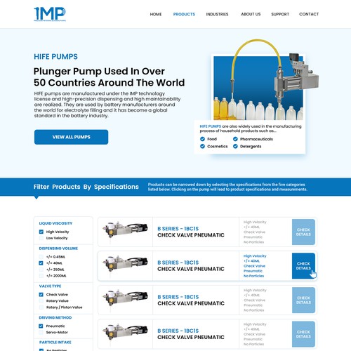 Product selection page for IMP website