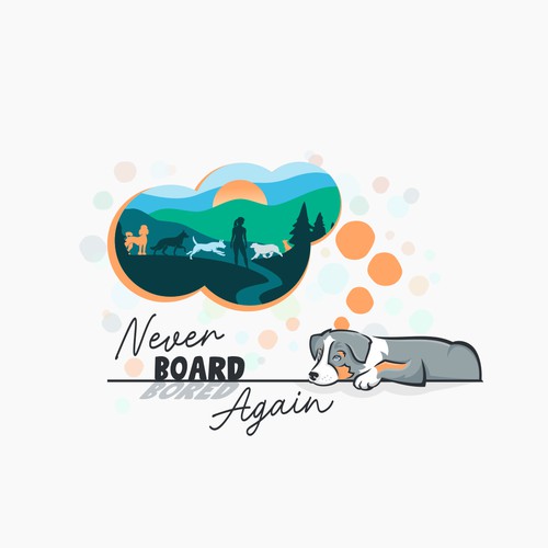 Illustrative, unique, colorful, dreamy logo of woman and her dog pack adventuring