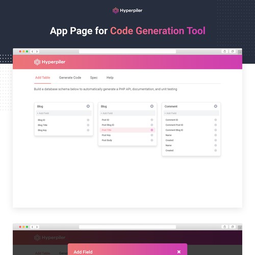 App page for code generation tool