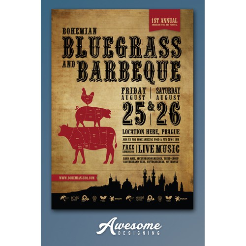 Create a vintage Americana flyer for a BBQ/Bluegrass festival in Prague