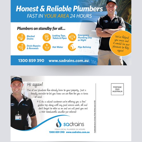 Friendly postcard to attract repeat business for plumber