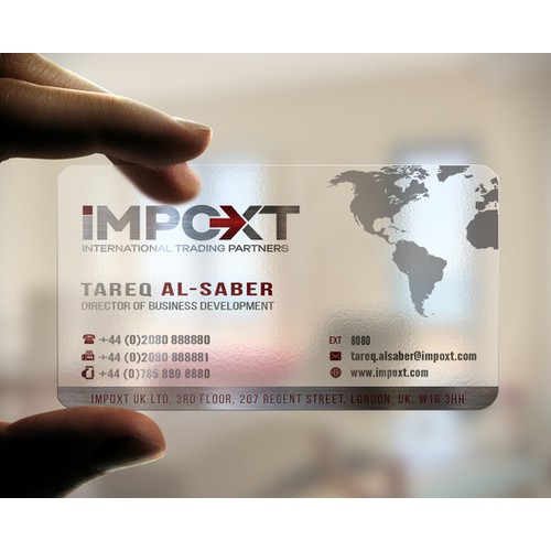 Creative transparent business card design for International Trading Company.